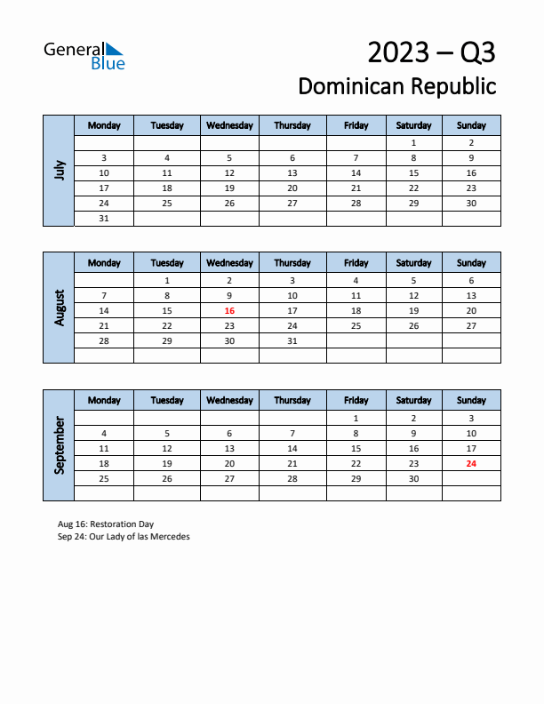 Free Q3 2023 Calendar for Dominican Republic - Monday Start