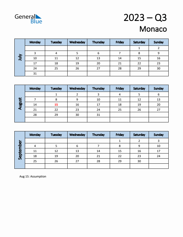 Free Q3 2023 Calendar for Monaco - Monday Start