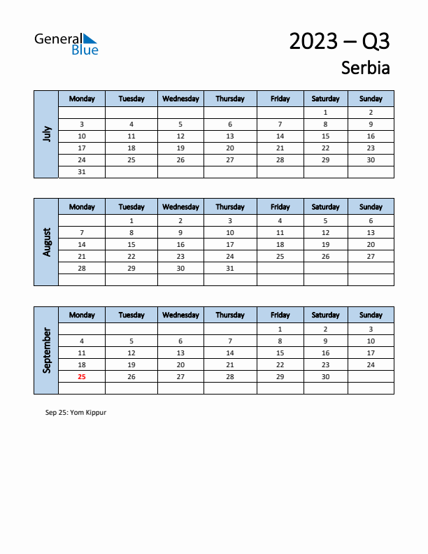 Free Q3 2023 Calendar for Serbia - Monday Start