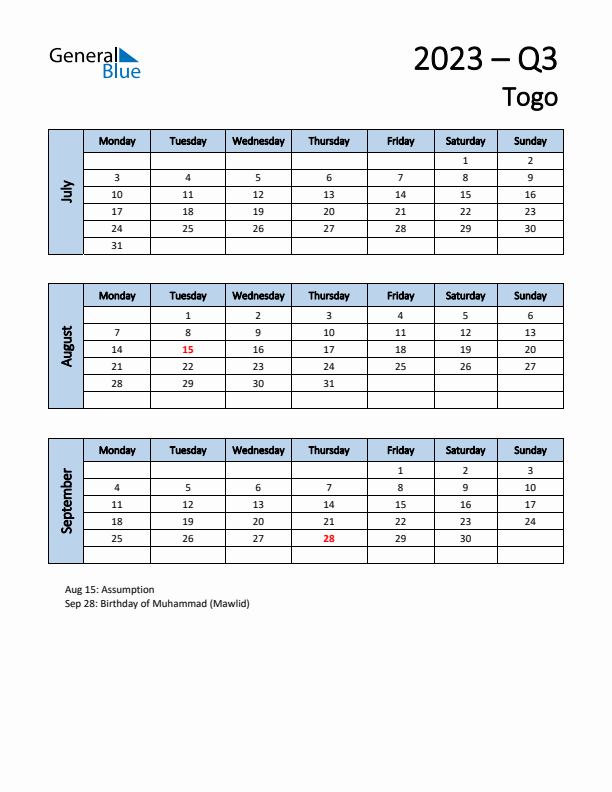 Free Q3 2023 Calendar for Togo - Monday Start