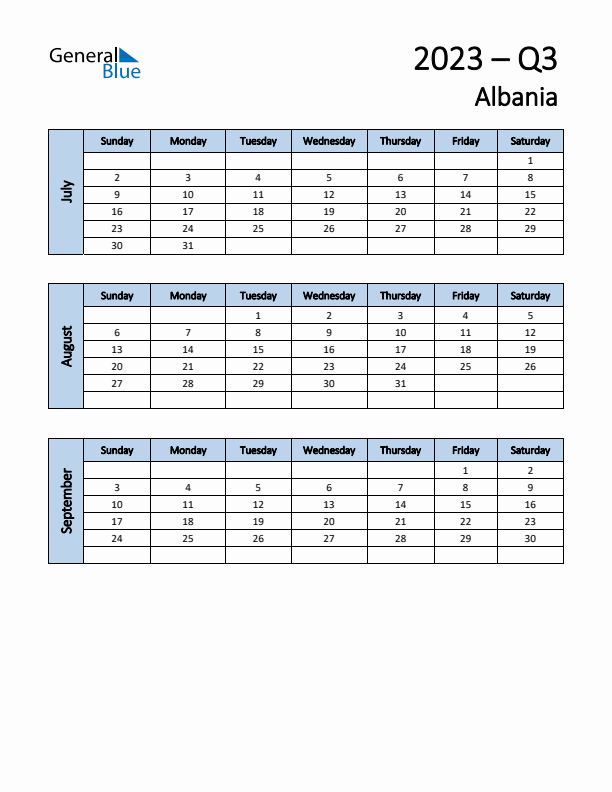 Free Q3 2023 Calendar for Albania - Sunday Start