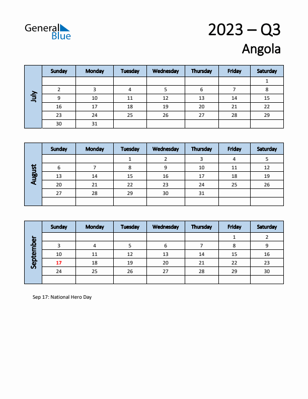 Free Q3 2023 Calendar for Angola - Sunday Start