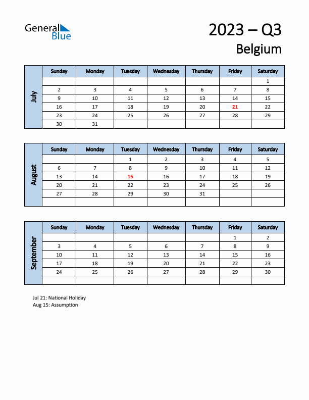 Free Q3 2023 Calendar for Belgium - Sunday Start