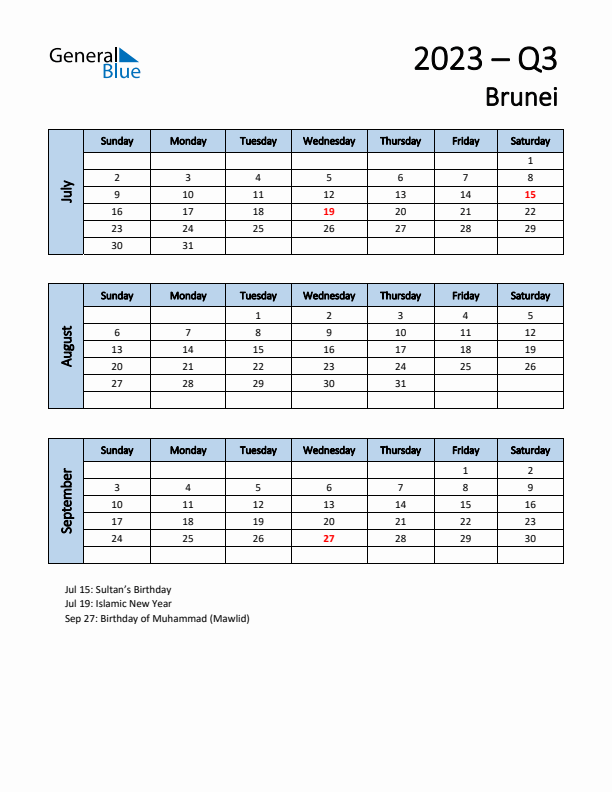 Free Q3 2023 Calendar for Brunei - Sunday Start