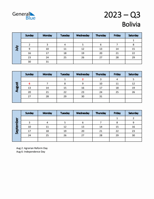 Free Q3 2023 Calendar for Bolivia - Sunday Start