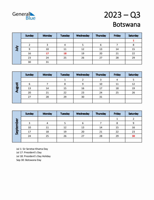 Free Q3 2023 Calendar for Botswana - Sunday Start