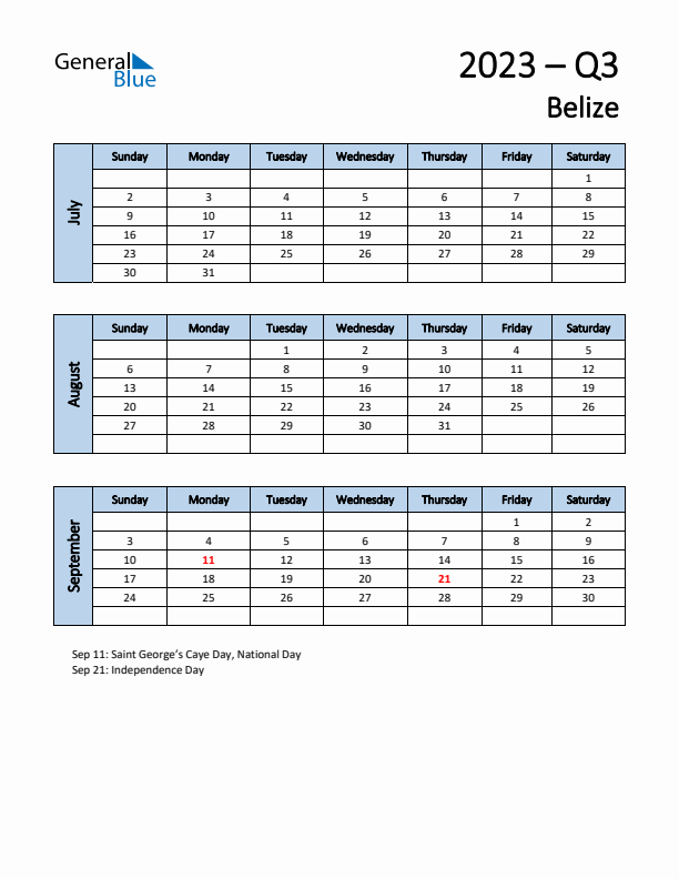 Free Q3 2023 Calendar for Belize - Sunday Start