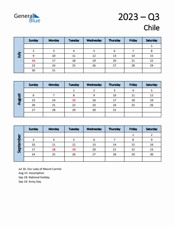 Free Q3 2023 Calendar for Chile - Sunday Start