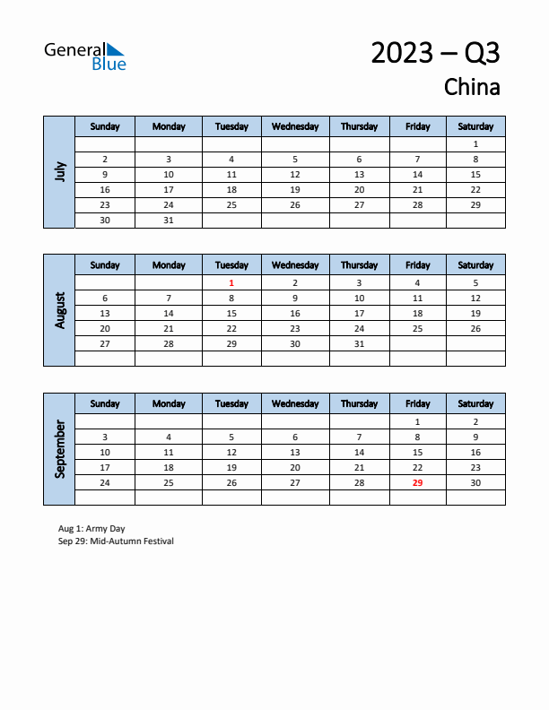 Free Q3 2023 Calendar for China - Sunday Start
