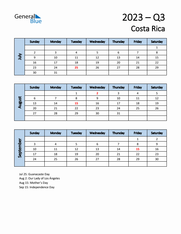 Free Q3 2023 Calendar for Costa Rica - Sunday Start