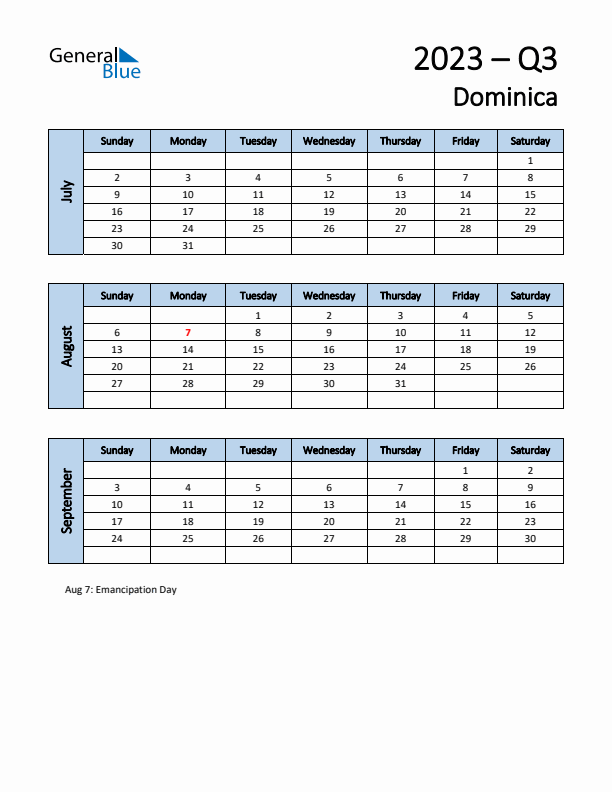 Free Q3 2023 Calendar for Dominica - Sunday Start