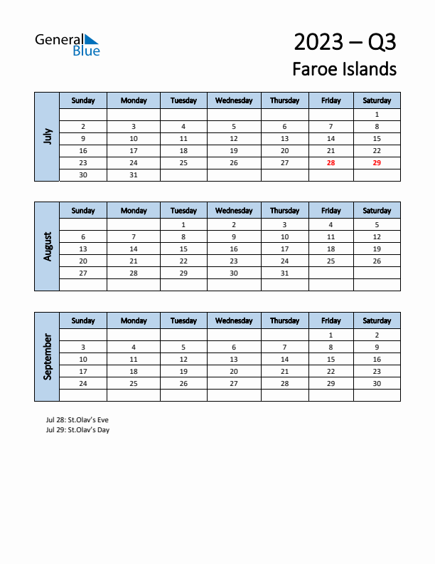 Free Q3 2023 Calendar for Faroe Islands - Sunday Start