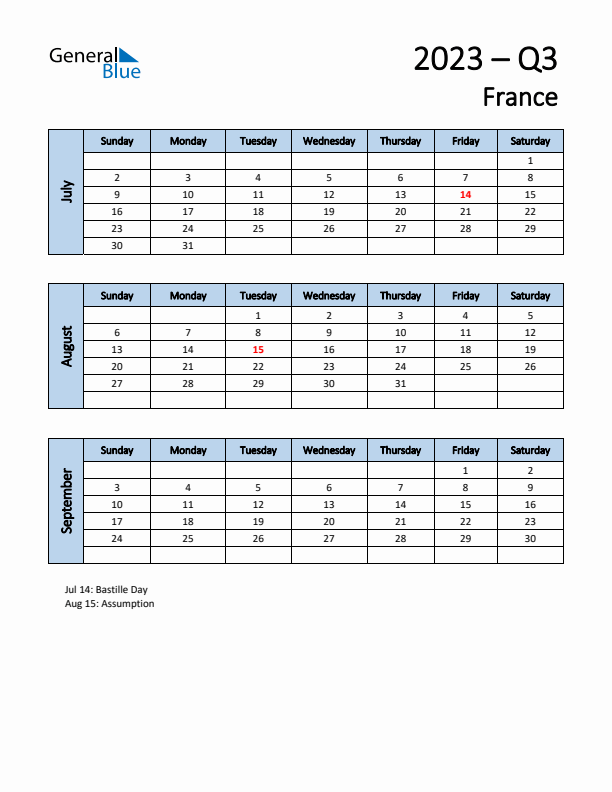 Free Q3 2023 Calendar for France - Sunday Start