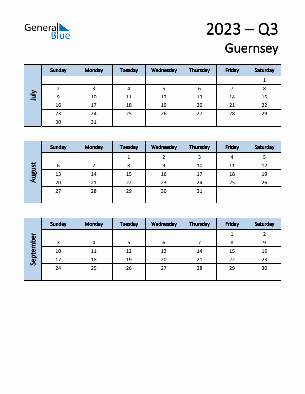 Free Q3 2023 Calendar for Guernsey - Sunday Start