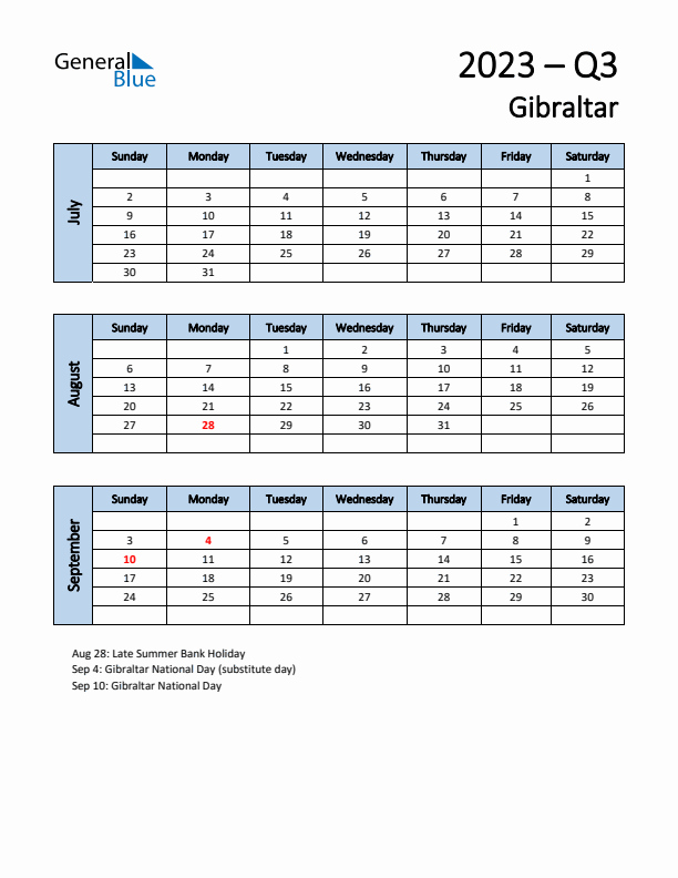 Free Q3 2023 Calendar for Gibraltar - Sunday Start