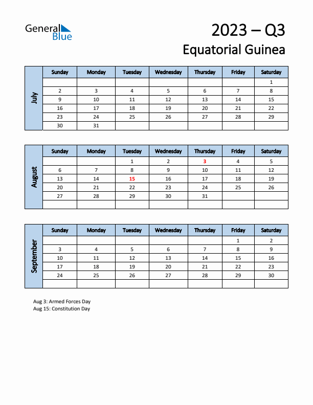 Free Q3 2023 Calendar for Equatorial Guinea - Sunday Start
