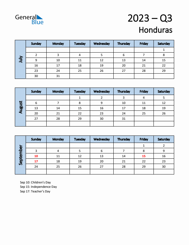 Free Q3 2023 Calendar for Honduras - Sunday Start