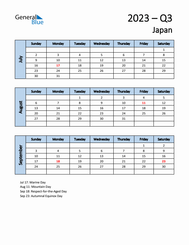 Free Q3 2023 Calendar for Japan - Sunday Start