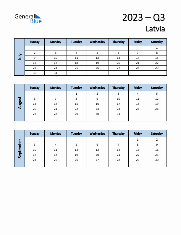 Free Q3 2023 Calendar for Latvia - Sunday Start