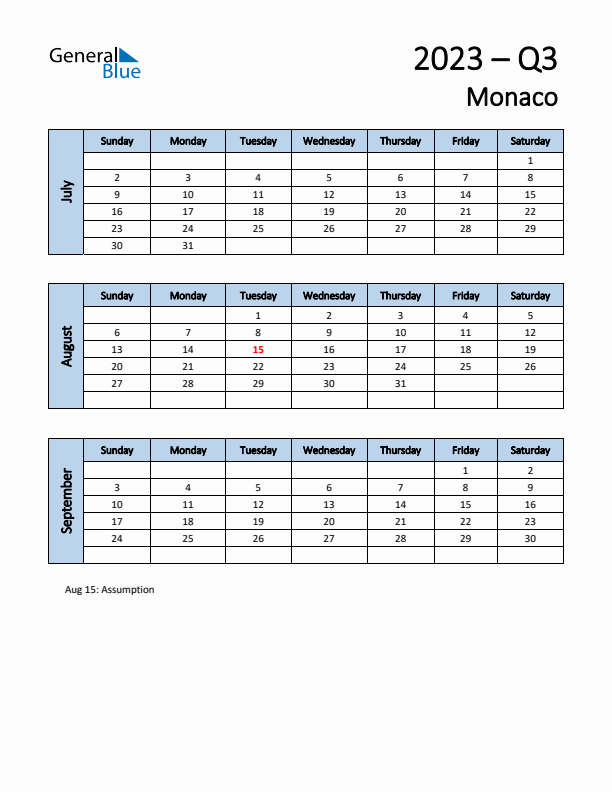 Free Q3 2023 Calendar for Monaco - Sunday Start