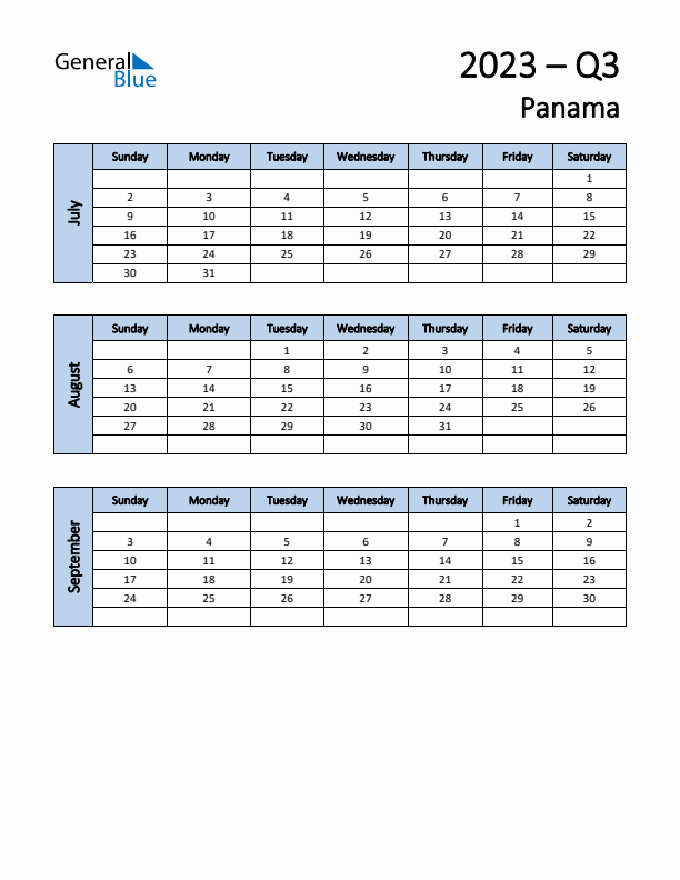 Free Q3 2023 Calendar for Panama - Sunday Start
