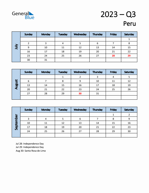 Free Q3 2023 Calendar for Peru - Sunday Start