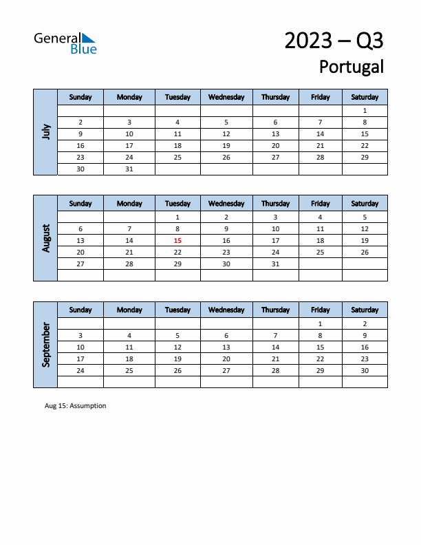 Free Q3 2023 Calendar for Portugal - Sunday Start