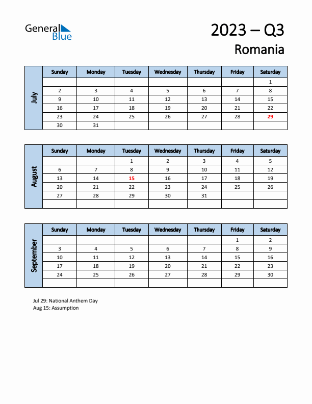 Free Q3 2023 Calendar for Romania - Sunday Start