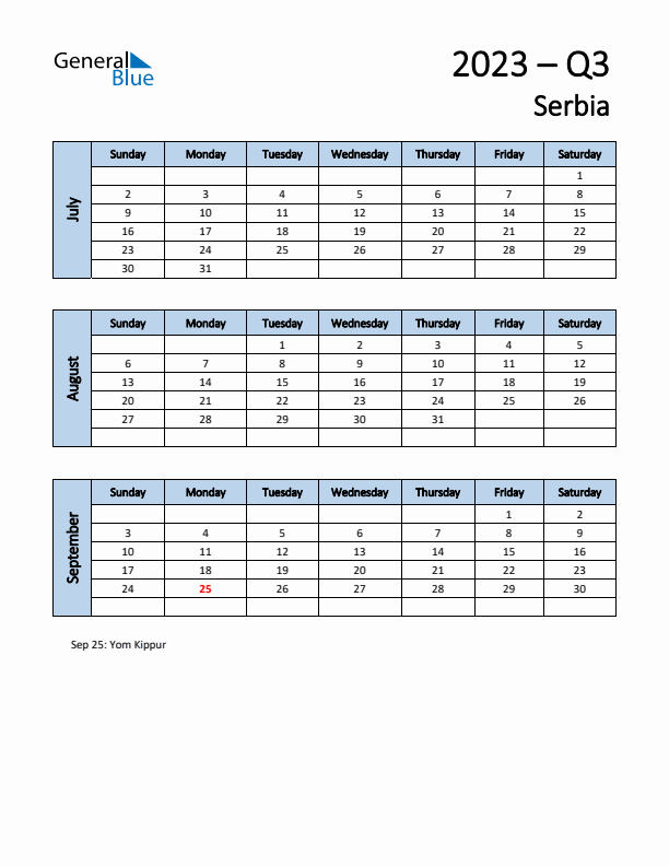 Free Q3 2023 Calendar for Serbia - Sunday Start
