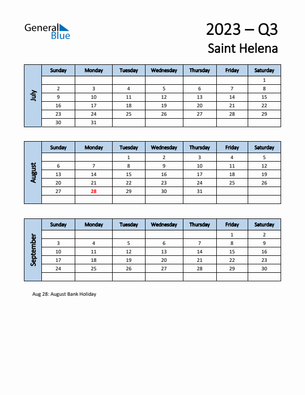 Free Q3 2023 Calendar for Saint Helena - Sunday Start