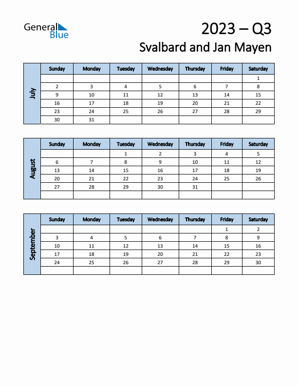 Free Q3 2023 Calendar for Svalbard and Jan Mayen - Sunday Start