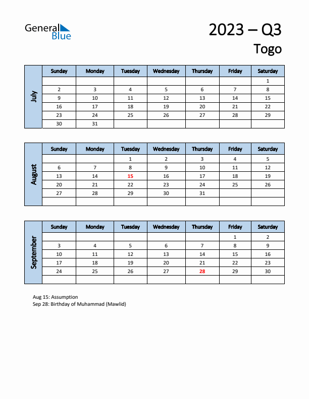 Free Q3 2023 Calendar for Togo - Sunday Start