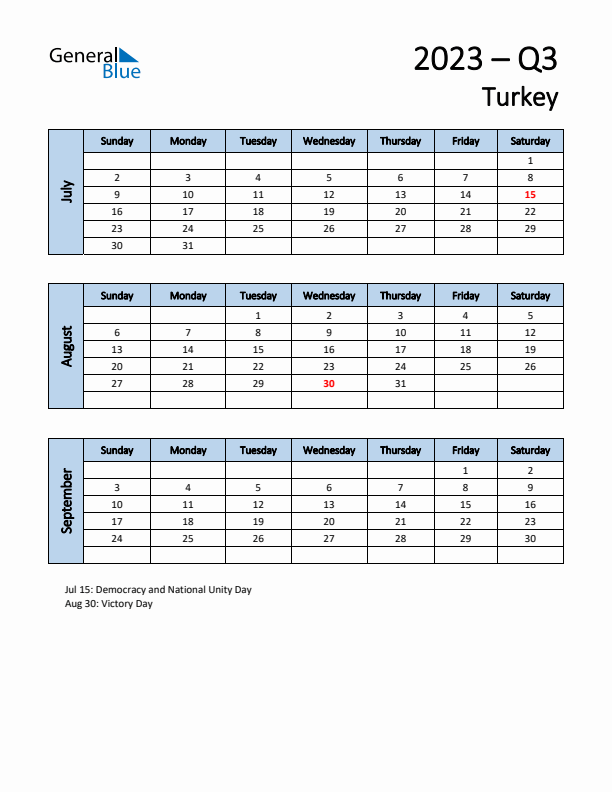 Free Q3 2023 Calendar for Turkey - Sunday Start