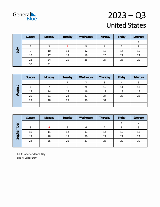 Q3 2023 Quarterly Calendar with United States Holidays (PDF, Excel, Word)