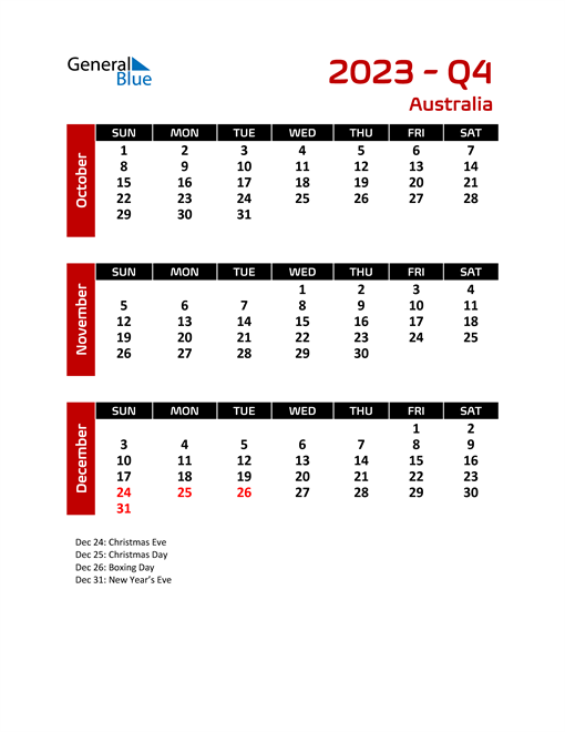 Q4 2023 Quarterly Calendar with Australia Holidays