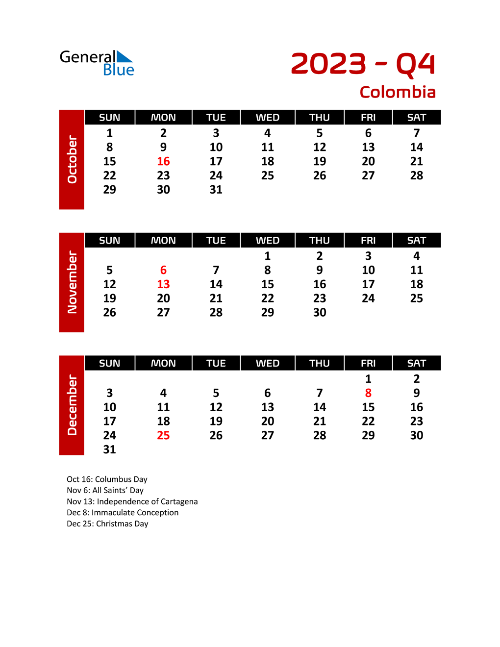 Q4 2023 Quarterly Calendar with Colombia Holidays