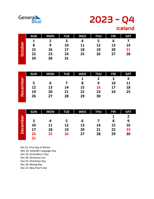 Iceland Calendars with Holidays