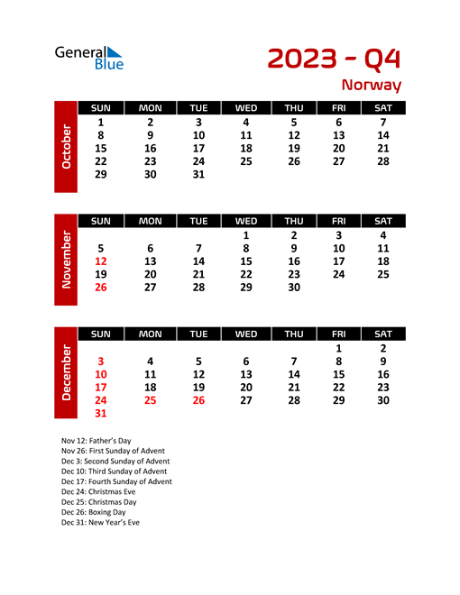 Norway Calendars with Holidays