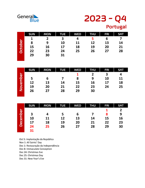 Portugal Calendars with Holidays