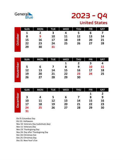  Q4 2023 Calendar with Holidays