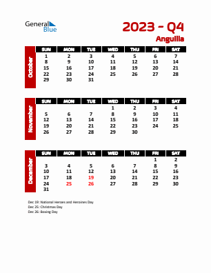 Anguilla Quarter 4  2023 calendar template