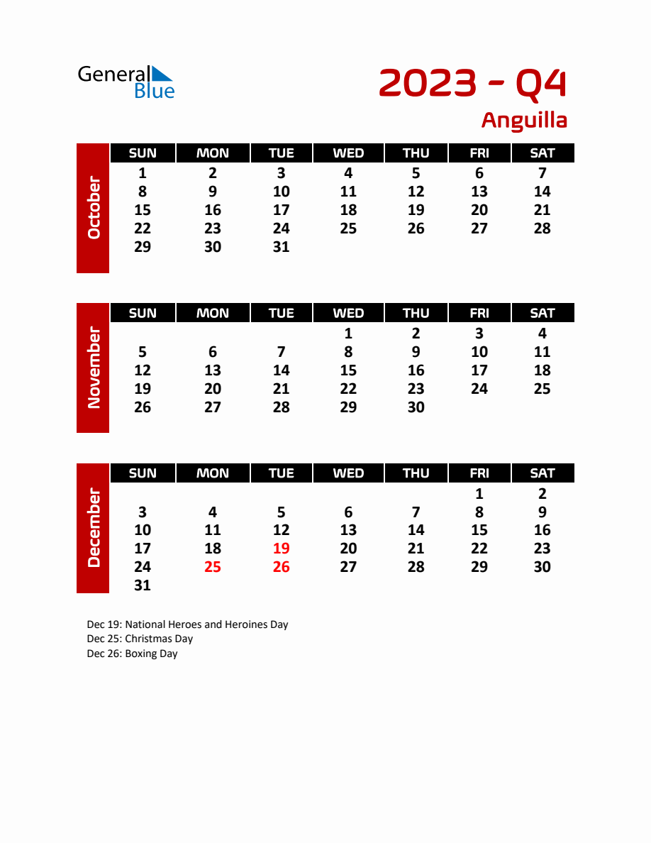 Q4 2023 Calendar with Holidays