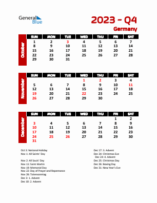Germany Quarter 4  2023 calendar template