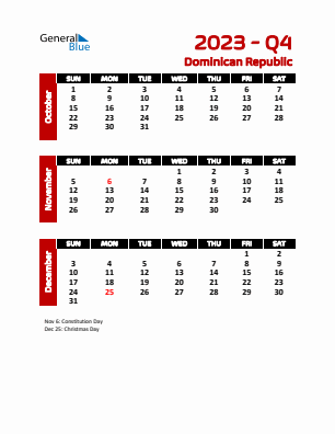 Dominican Republic Quarter 4  2023 calendar template