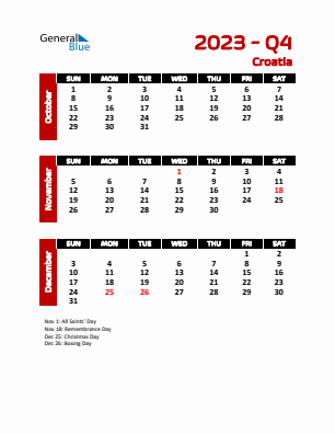 Croatia Quarter 4  2023 calendar template