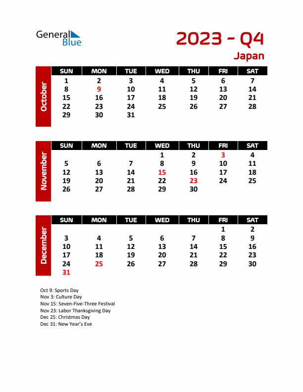Q4 2023 Calendar with Holidays