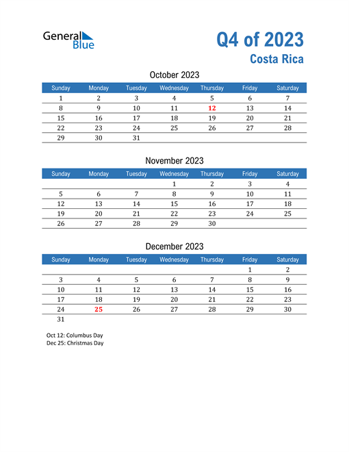  Costa Rica 2023 Quarterly Calendar 