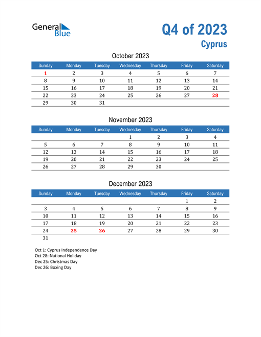 Q4 2023 Quarterly Calendar for Cyprus