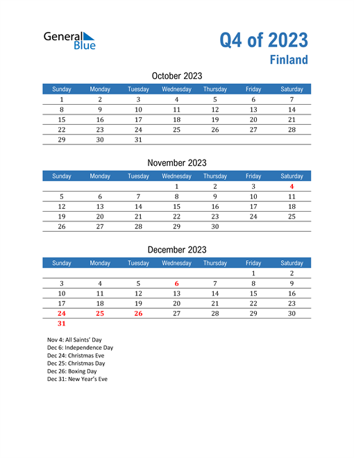  Finland 2023 Quarterly Calendar 