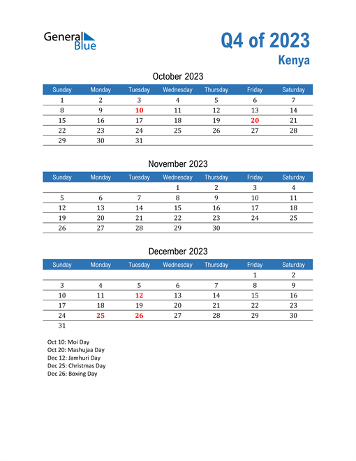 Q4 2023 Quarterly Calendar with Kenya Holidays
